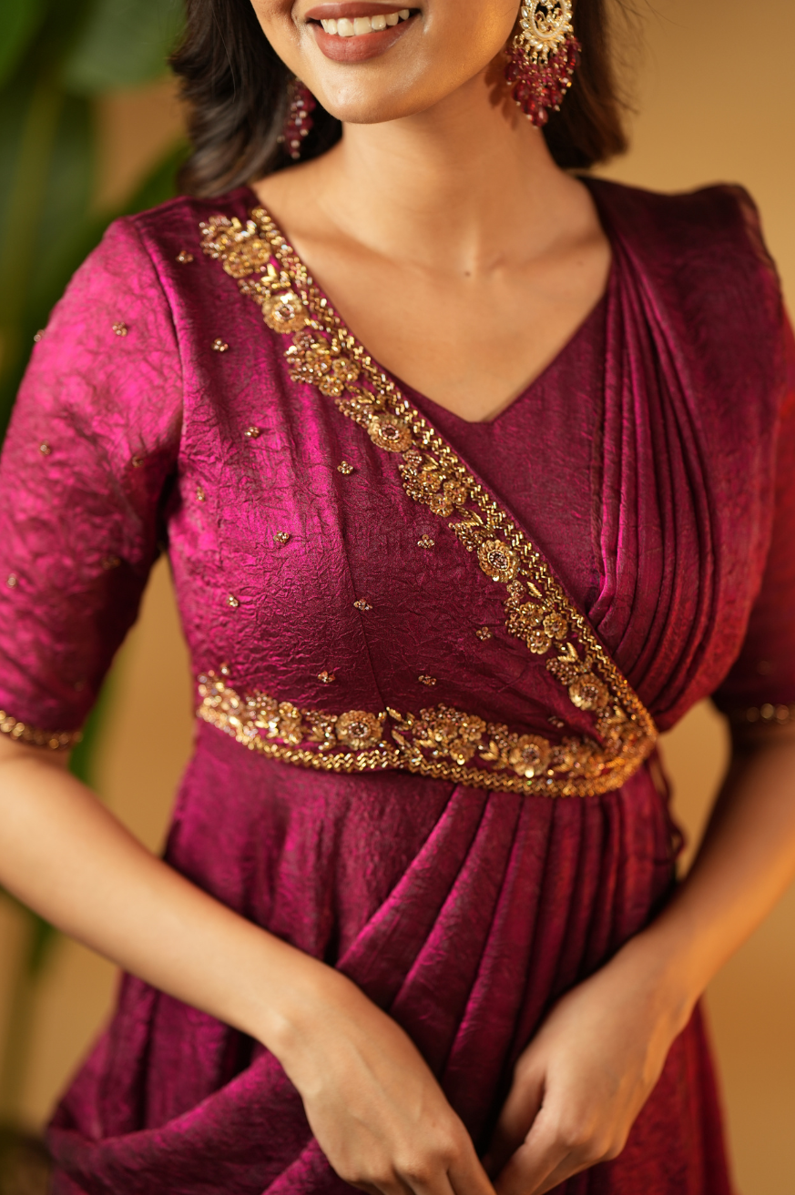 Meena – Premium Hand-Worked Designer Drape Anarkali in Burgundy