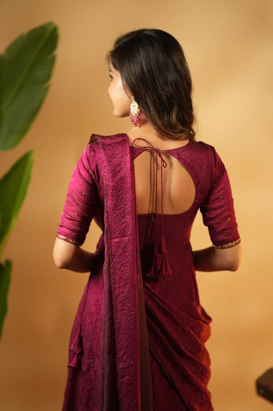 Meena – Premium Hand-Worked Designer Drape Anarkali in Burgundy