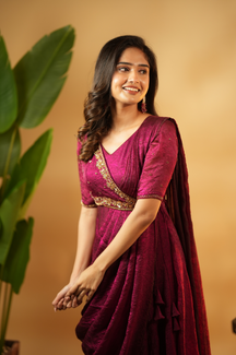 Meena – Premium Hand-Worked Designer Drape Anarkali in Burgundy