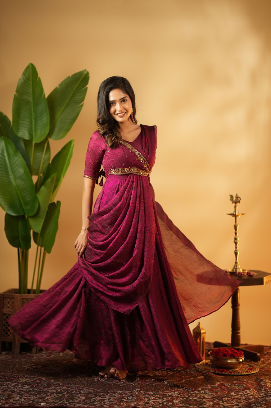 Meena – Premium Hand-Worked Designer Drape Anarkali in Burgundy