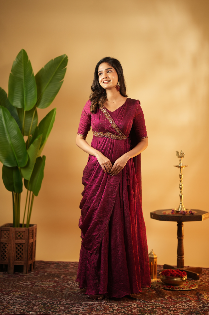 Meena – Premium Hand-Worked Designer Drape Anarkali in Burgundy