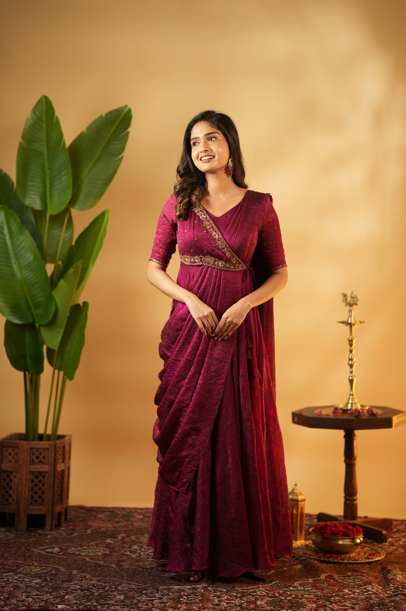 Meena – Premium Hand-Worked Designer Drape Anarkali in Burgundy