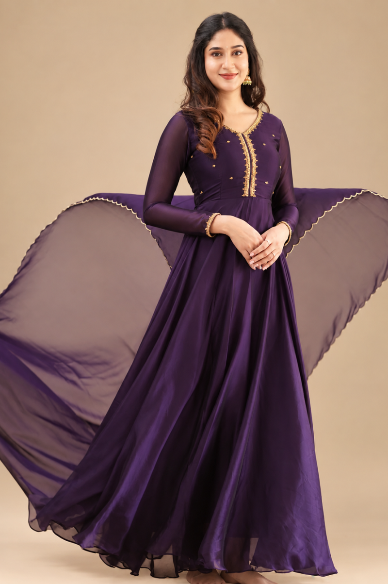 Tiyara – Dark Violet Hand-Embroidered Full Worked Georgette Anarkali with Dupatta