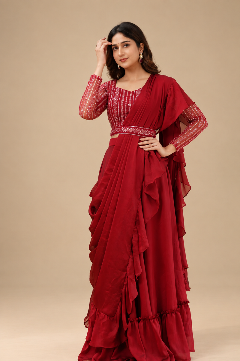 Anamika – Designer Maroon Ruffled Lehenga with Stone-Worked Blouse & Organza Dupatta