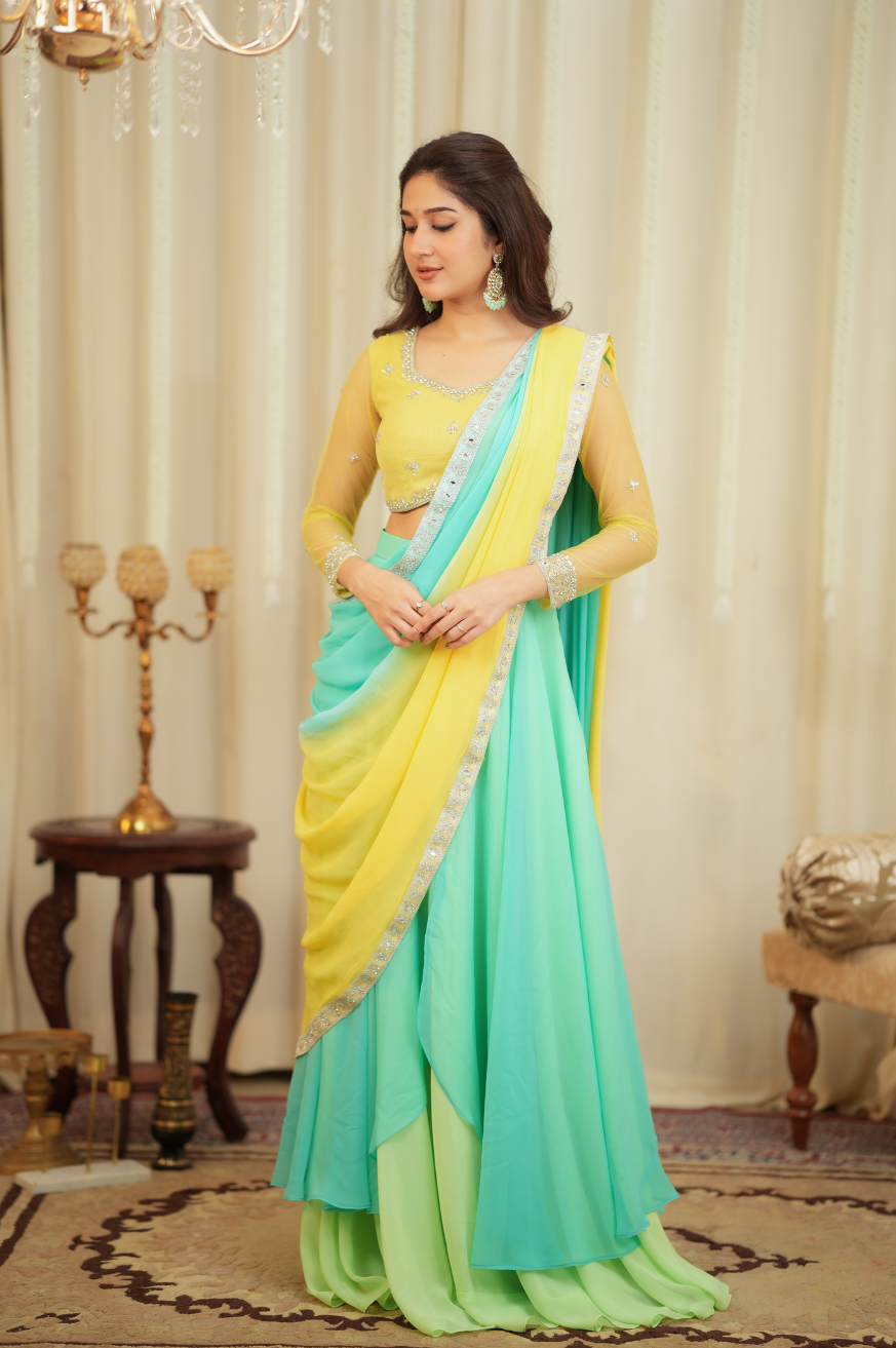 Kamali Collection 
Premium Designer 3 palette Ombre Lehanga/ Saree