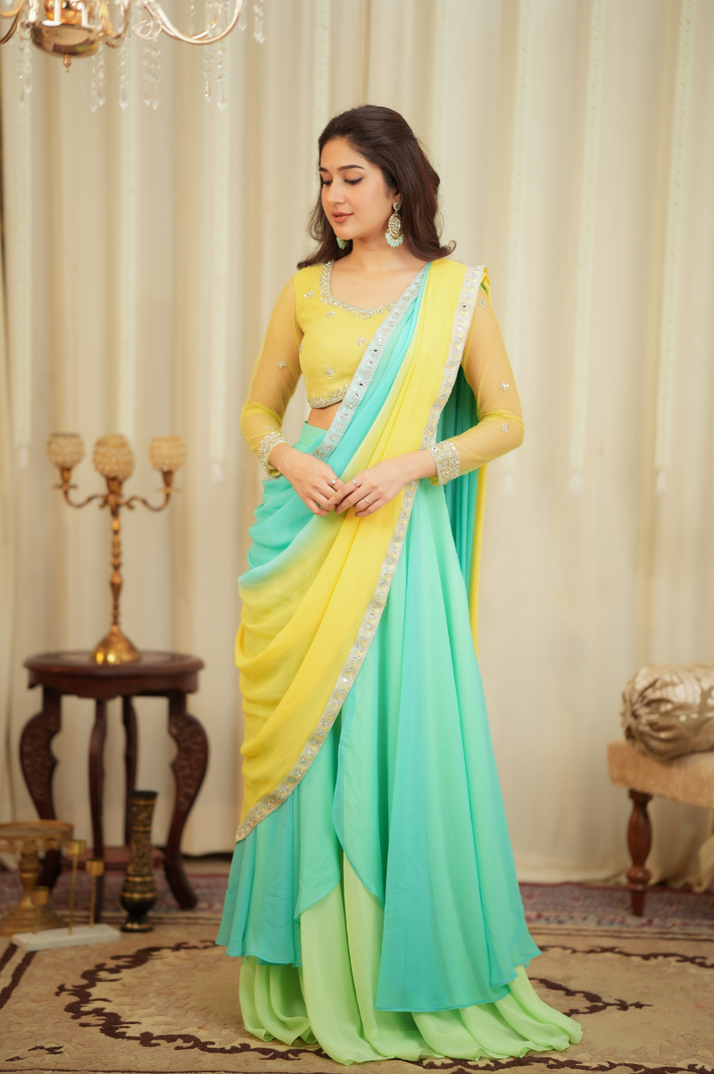 Kamali Collection 
Premium Designer 3 palette Ombre Lehanga/ Saree