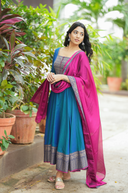 Menaka – Pure Cotton Temple Border Anarkali with Dupatta (Blue & Pink)
