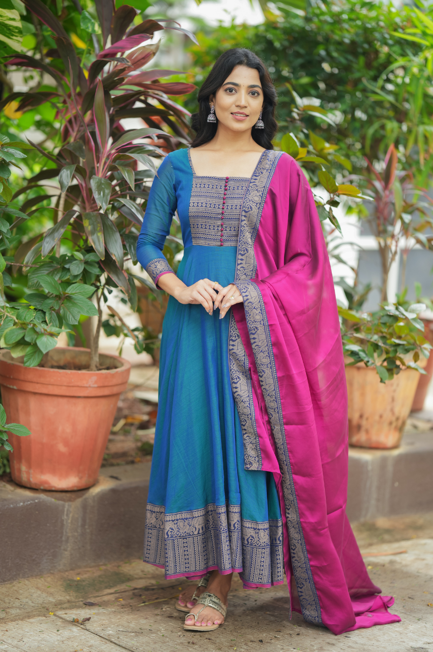 Menaka – Pure Cotton Temple Border Anarkali with Dupatta (Blue & Pink)