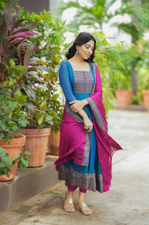 Menaka – Pure Cotton Temple Border Anarkali with Dupatta (Blue & Pink)