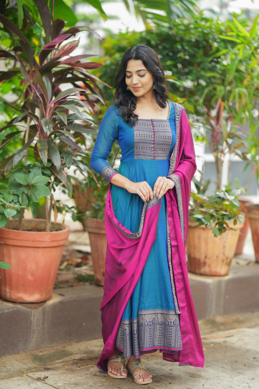 Menaka – Pure Cotton Temple Border Anarkali with Dupatta (Blue & Pink)