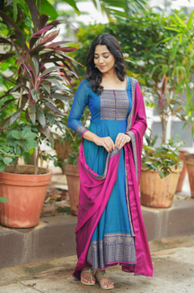 Menaka – Pure Cotton Temple Border Anarkali with Dupatta (Blue & Pink)