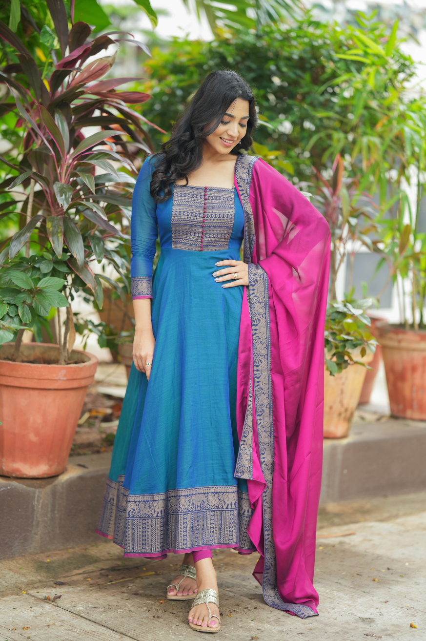 Menaka – Pure Cotton Temple Border Anarkali with Dupatta (Blue & Pink)