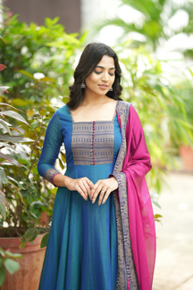 Menaka – Pure Cotton Temple Border Anarkali with Dupatta (Blue & Pink)