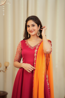 Hema – Premium Designer Rani Pink & Orange Anarkali with Net Dupatta