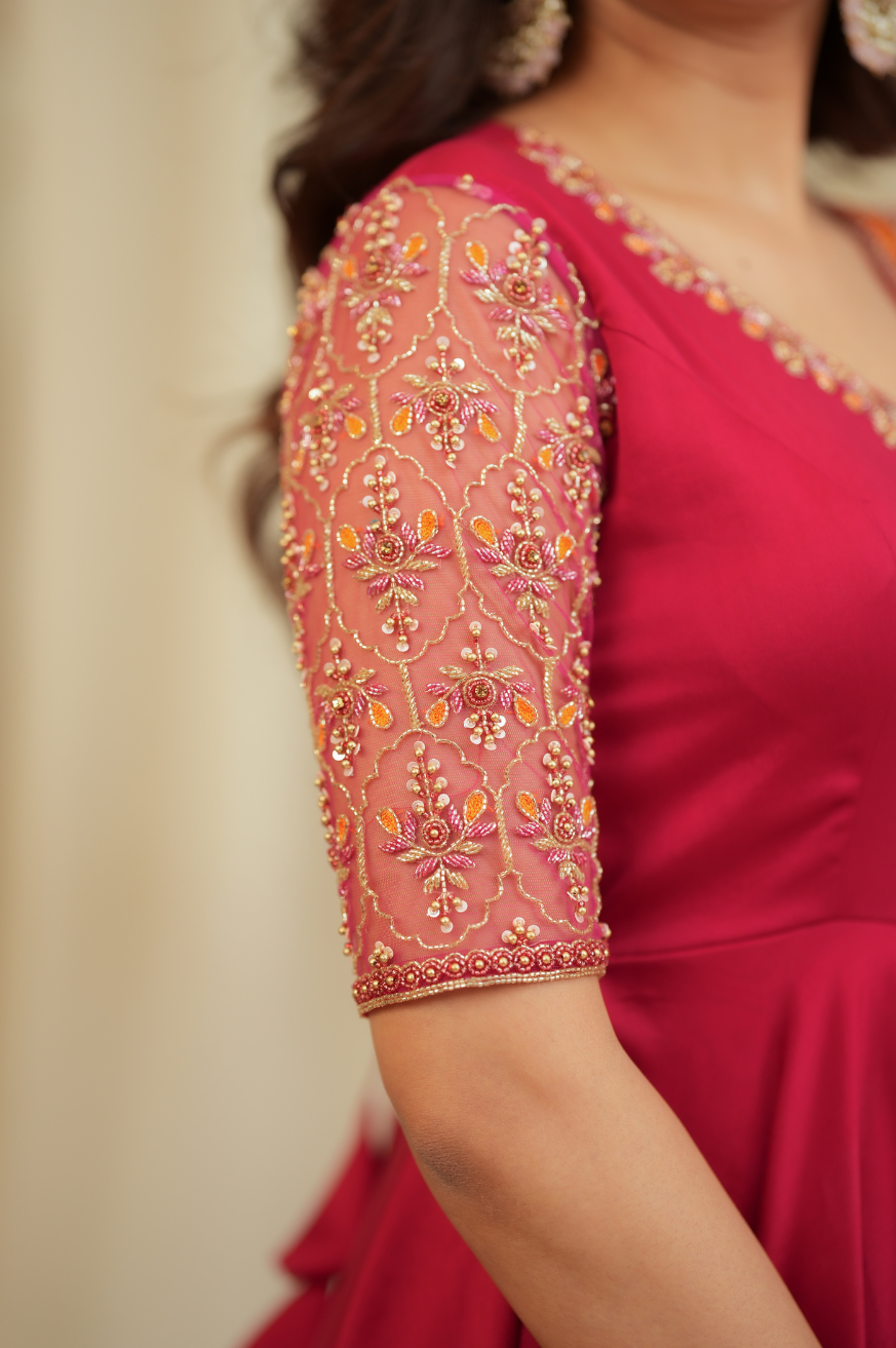 Hema – Premium Designer Rani Pink & Orange Anarkali with Net Dupatta