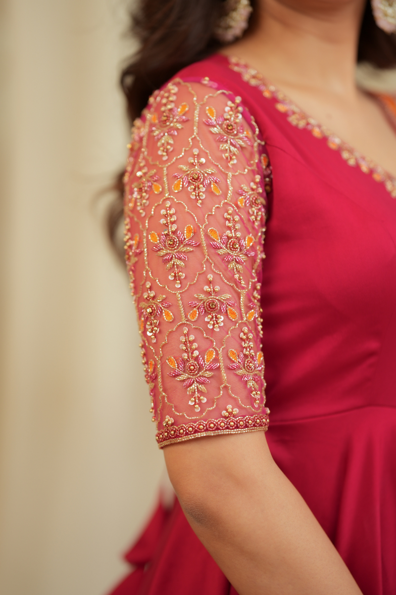 Hema – Premium Designer Rani Pink & Orange Anarkali with Net Dupatta