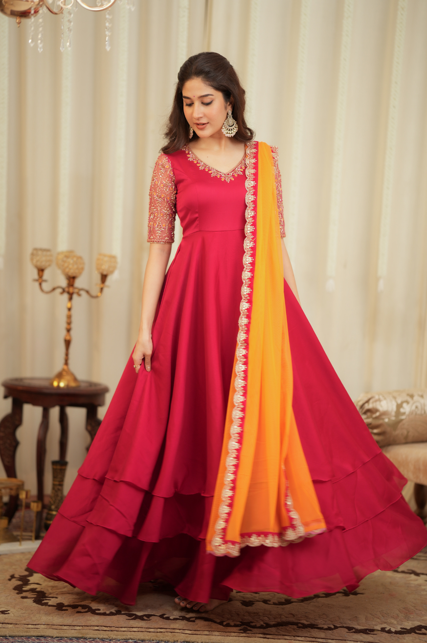 Hema – Premium Designer Rani Pink & Orange Anarkali with Net Dupatta