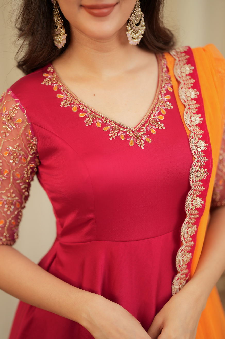 Hema – Premium Designer Rani Pink & Orange Anarkali with Net Dupatta
