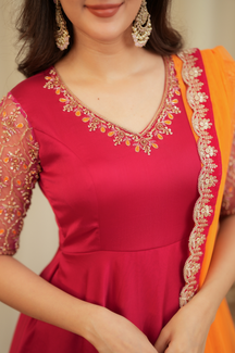 Hema – Premium Designer Rani Pink & Orange Anarkali with Net Dupatta