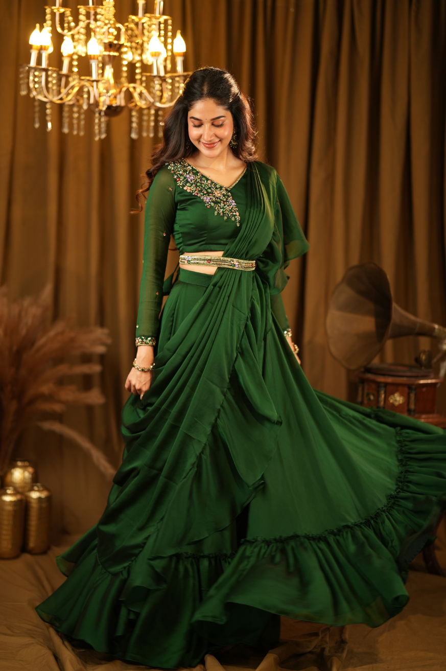Thanya Collection
Premium Designer Ruffled-Drape Lehanga
