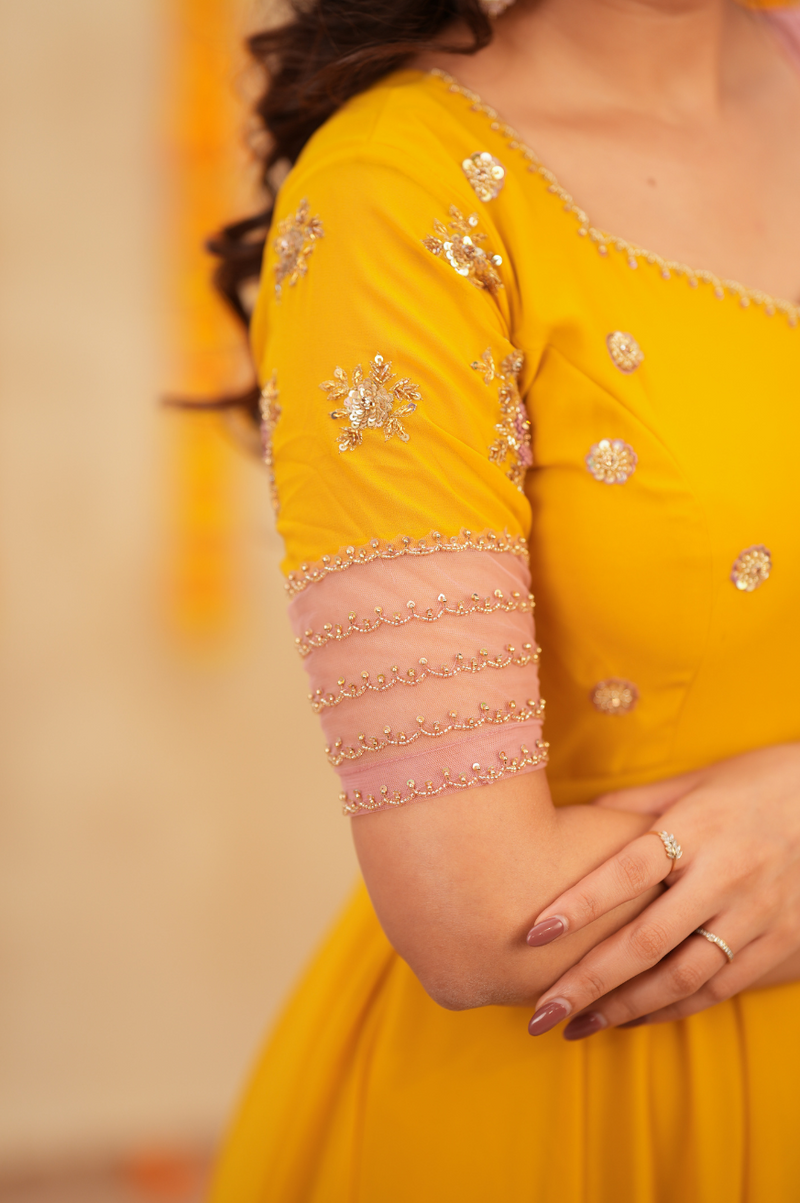 Aaruvi Premium Yellow & Baby Pink Designer Anarkali for Festive Occasions