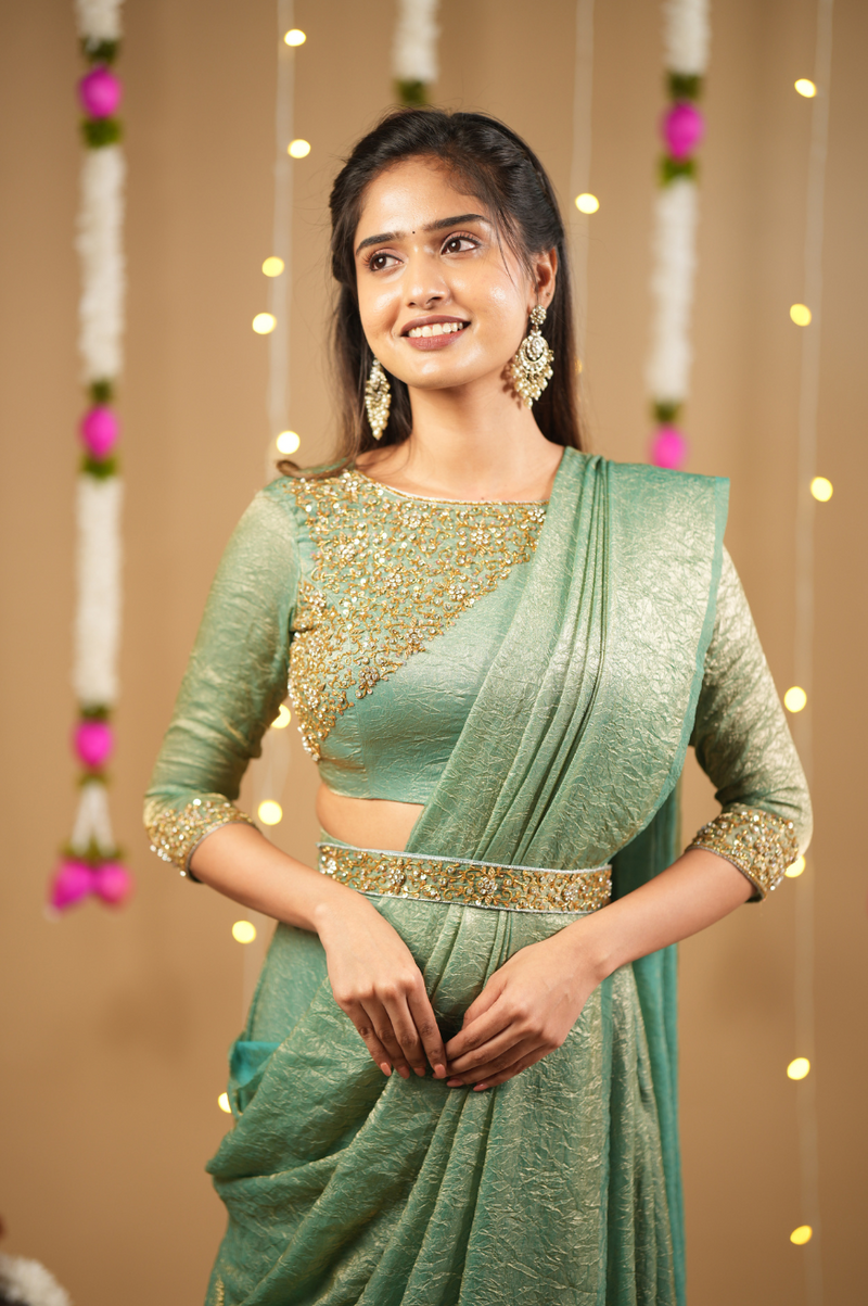 Anushka – Premium Designer Hand-Worked Drape Dress | Pastel Blue (Diwali Launch)