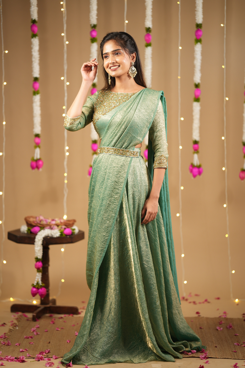 Anushka – Premium Designer Hand-Worked Drape Dress | Pastel Blue (Diwali Launch)