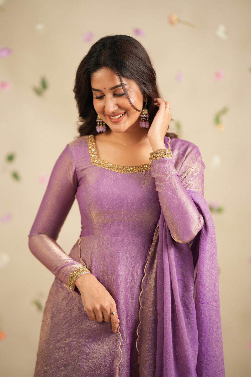 Kanishka – Premium Designer Lavender Crush Silk Festive Anarkali with Scalloped Dupatta