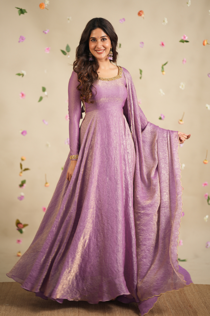 Kanishka – Premium Designer Lavender Crush Silk Festive Anarkali with Scalloped Dupatta