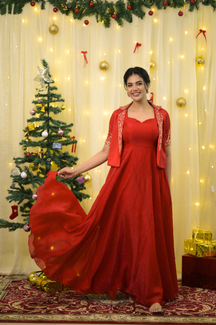 Santa Collection - Red Premium Party Wear Indo Western Gown for Women with Jacket