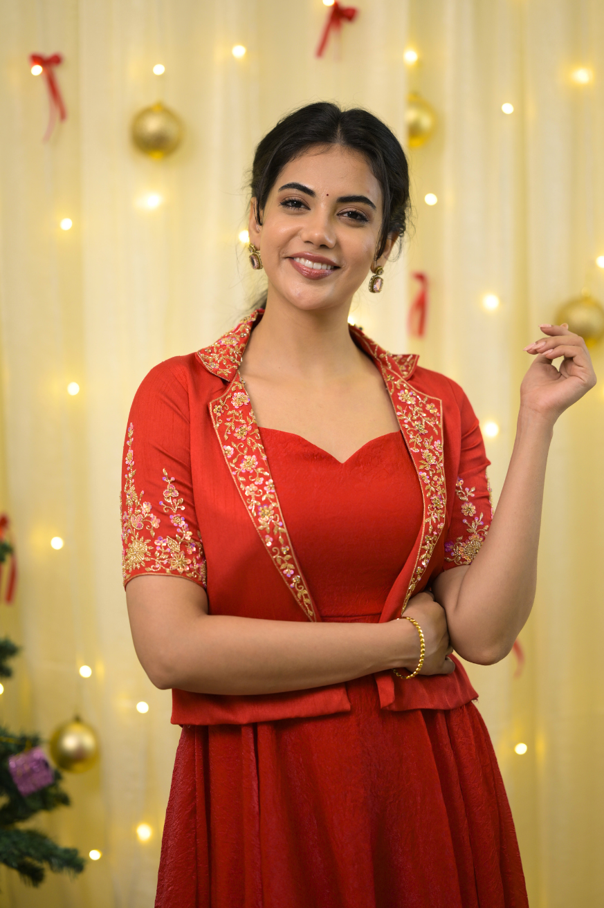 Santa Collection - Red Premium Party Wear Indo Western Gown for Women with Jacket