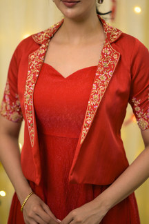 Santa Collection - Red Premium Party Wear Indo Western Gown for Women with Jacket