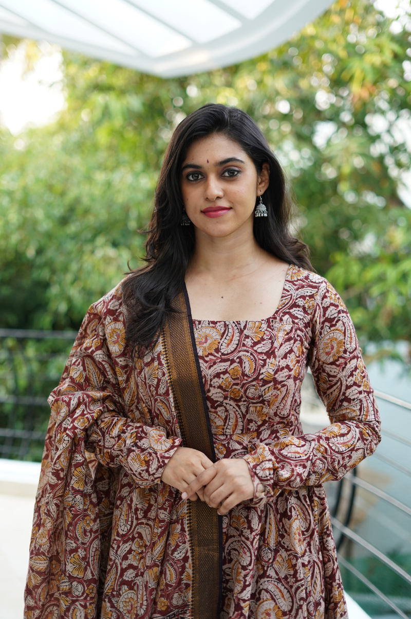 Devaki Hand-Painted Kalamkari Designer Anarkali with Silk Dupatta