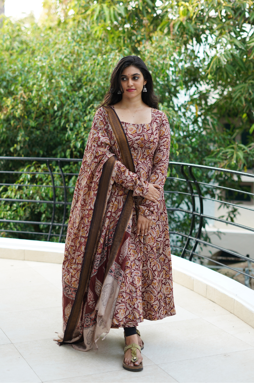 kalamkari anarkali dress designs Blue Chant Crepe Printed Gown