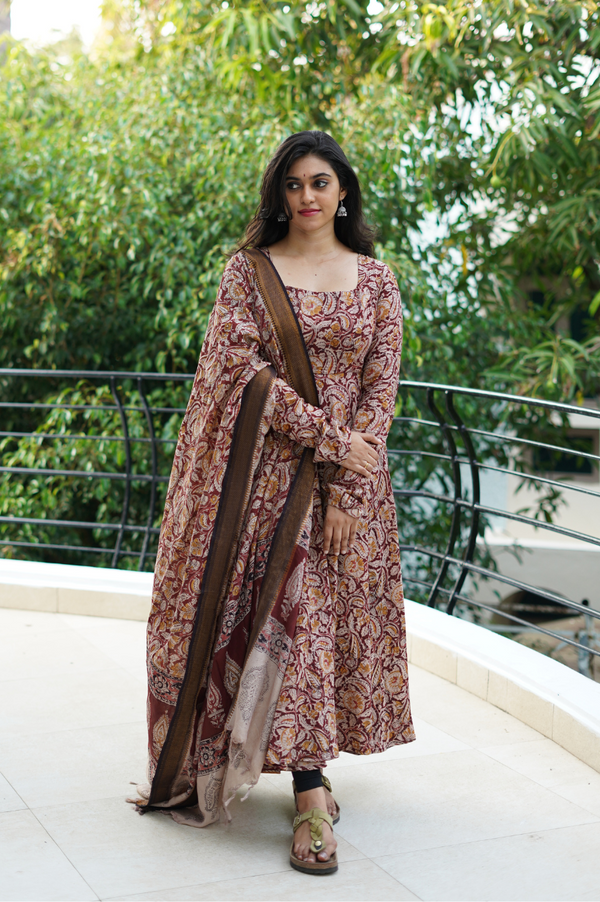 Devaki hand-painted Kalamkari Anarkali with Silk Dupatta