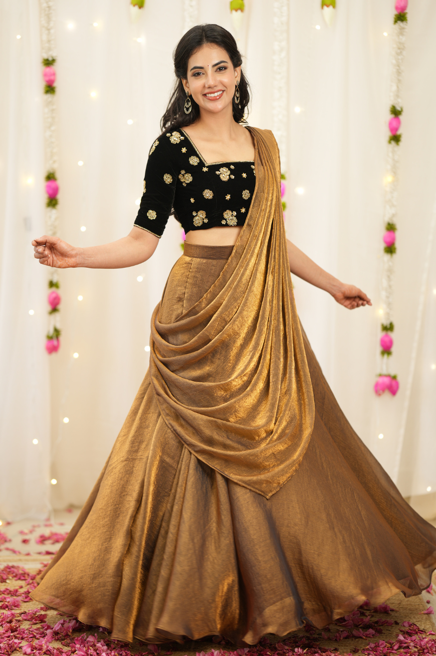 Myna – Premium Designer Drape Lehenga with Velvet Embroidered Blouse