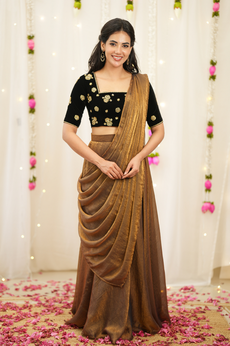Myna – Premium Designer Drape Lehenga with Velvet Embroidered Blouse