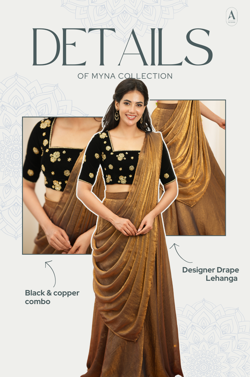 Myna – Premium Designer Drape Lehenga with Velvet Embroidered Blouse