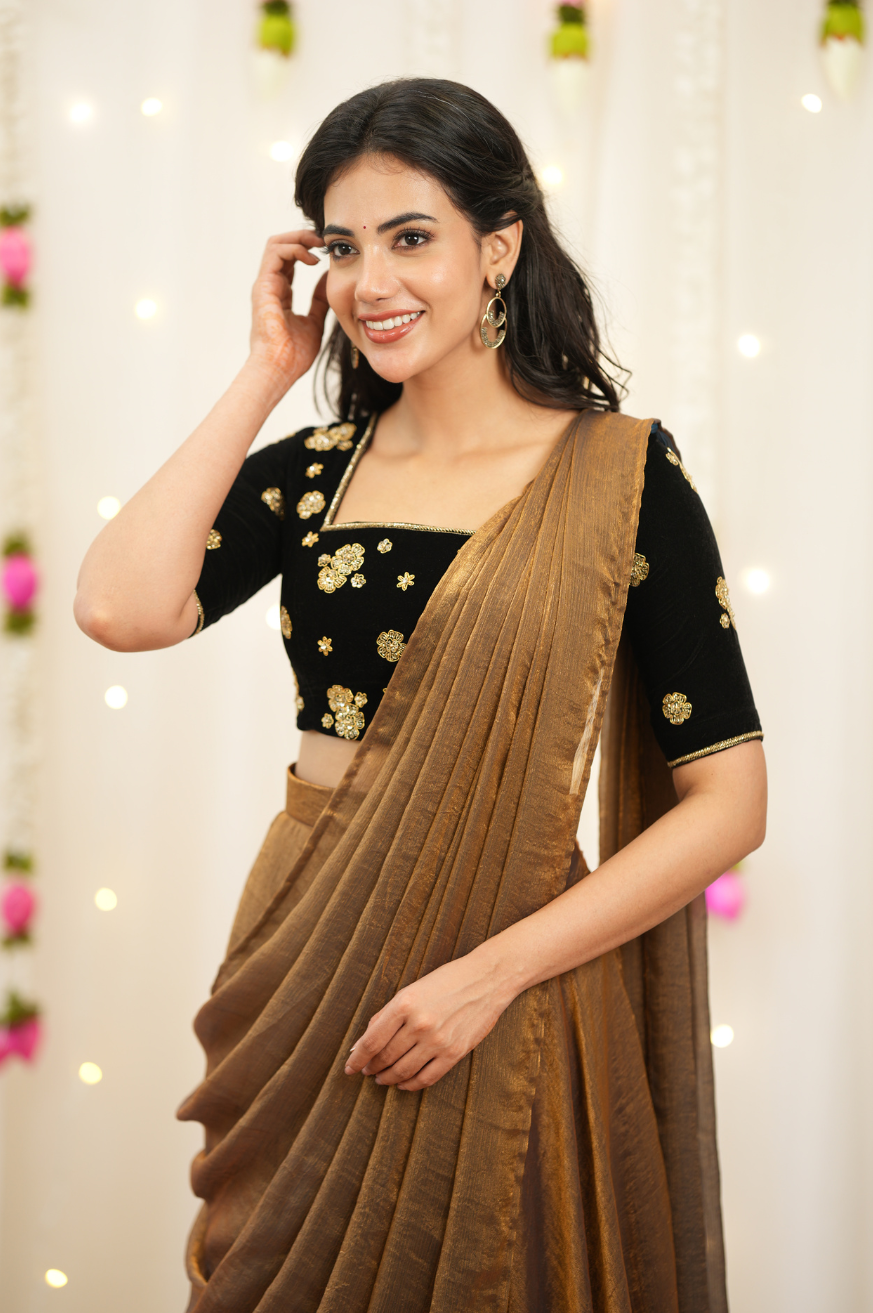 Myna – Premium Designer Drape Lehenga with Velvet Embroidered Blouse