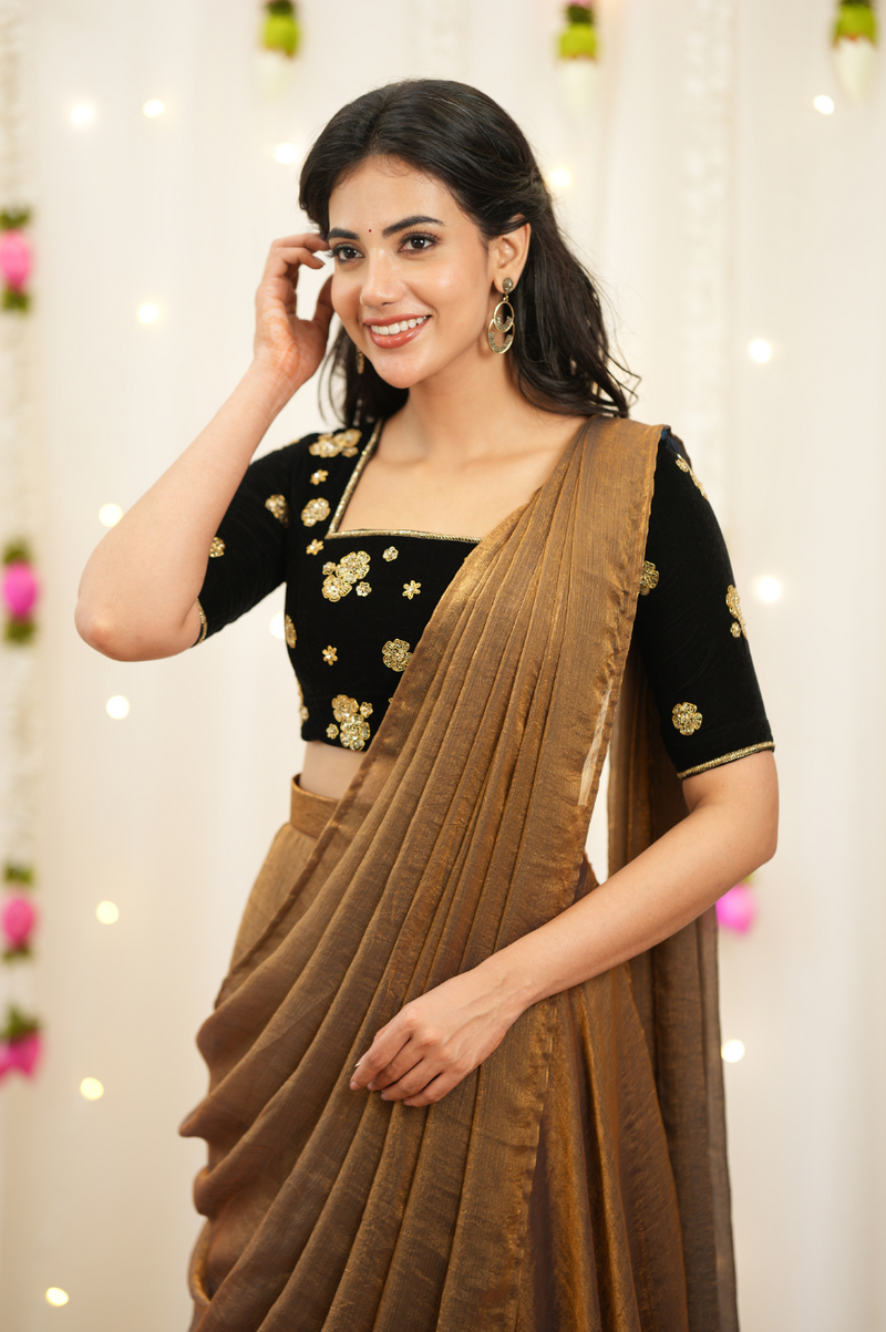 Myna – Premium Designer Drape Lehenga with Velvet Embroidered Blouse