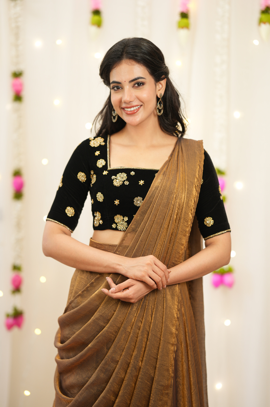 Myna – Premium Designer Drape Lehenga with Velvet Embroidered Blouse