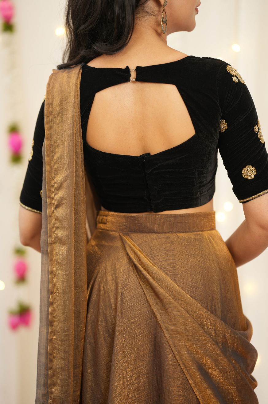 Myna – Premium Designer Drape Lehenga with Velvet Embroidered Blouse